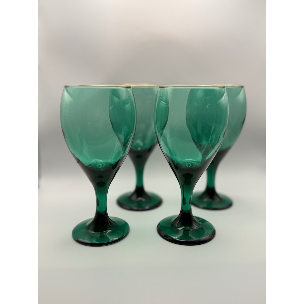 Vintage Emerald Green Gold Rim Wine Goblets Set of 4 Stemmed Glasses Teal